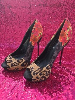 Aldo Floral & Leopard Peep-Toe Stiletto Heels - Pink/Orange/Brown